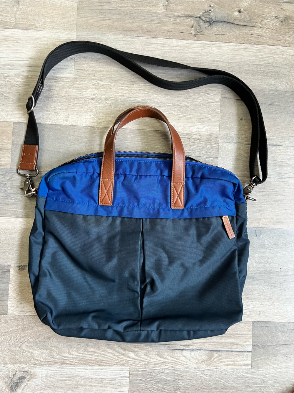 Fossil Black & Blue Messenger Bag with Brown Handles